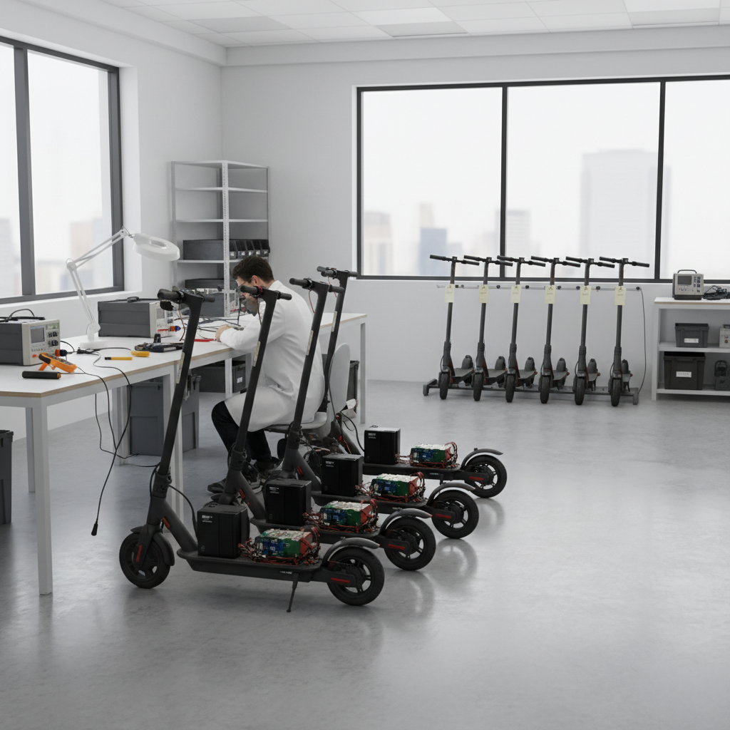 Ein Techniker in einem Labor repariert oder wartet mehrere E-Scooter, während weitere Modelle im Hintergrund aufgereiht sind.